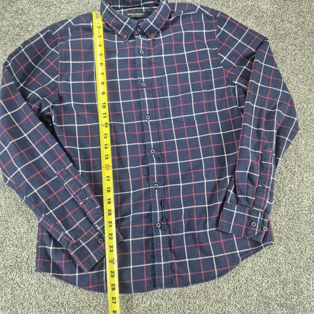 Banana Republic Luxe Flannel Shirt‎ Mens Medium Navy Plaid Untucked Slim Fit